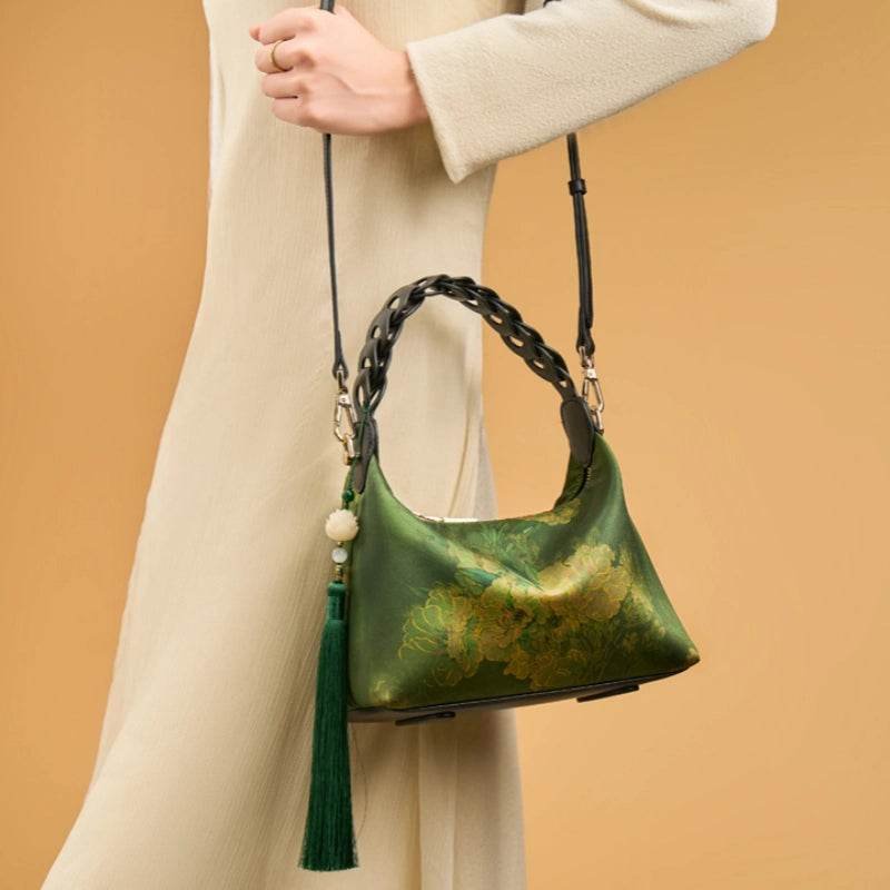 Xiangyunsha Silk Dark Green Mulberry Silk Shoulder Bag - Image 4