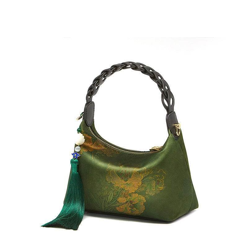 Xiangyunsha Silk Dark Green Mulberry Silk Shoulder Bag - Image 12