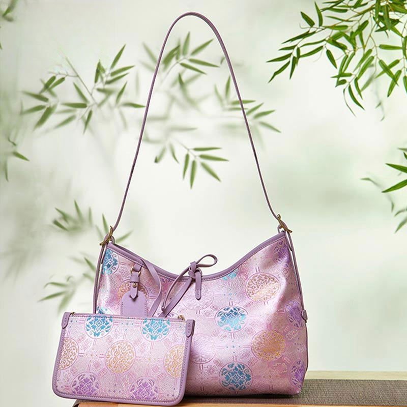 Handcraft Brocade Jacquard Purple"Tuanhua”Chinoiserie Royal Tote Bag – Image 2