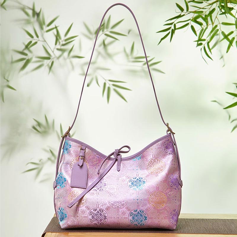 Handcraft Brocade Jacquard Purple"Tuanhua”Chinoiserie Royal Tote Bag – Image 3