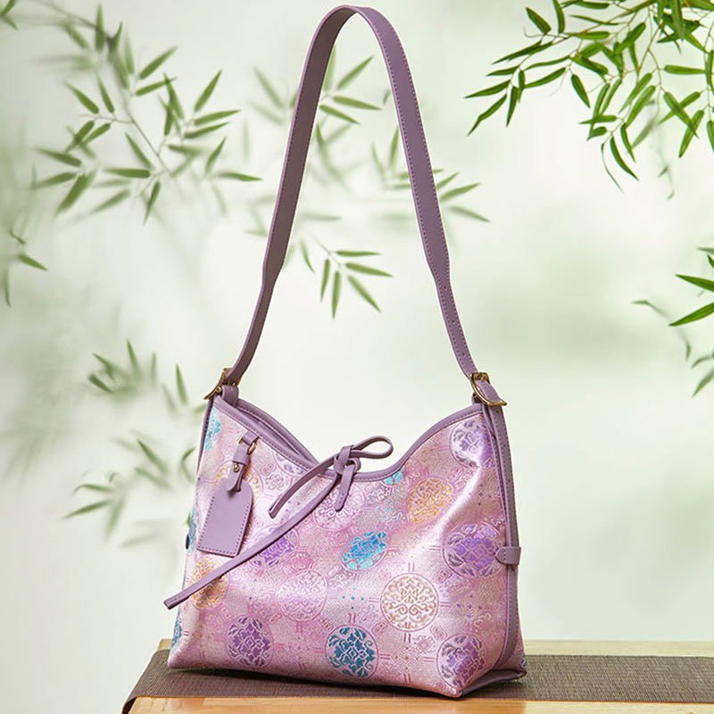 Handcraft Brocade Jacquard Purple"Tuanhua”Chinoiserie Royal Tote Bag – Image 4