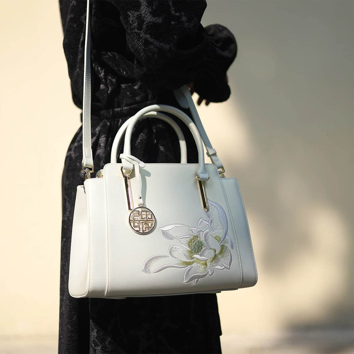 Sinocultural Embroidery Leather Tote Bag White Lotus Crossbody Bag – Image 7